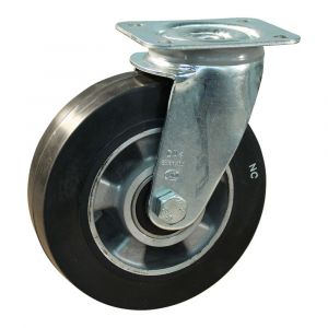 Protempo serie 10-11 zwenk transportwiel plaatbevestiging stalen gaffel wiel aluminium velg zwarte elastische rubberen band ± 68 shore A 160 mm kogellager 210.166.116.100