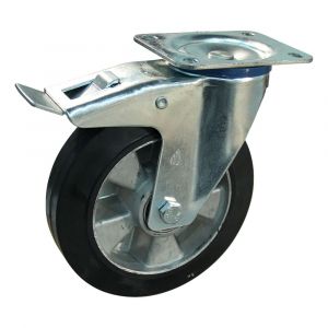 Protempo serie 10-12 zwenk transportwiel plaatbevestiging dubbele rem naloop en stalen gaffel aluminium velg zwarte elastische rubberen band ± 68 shore A 160 mm kogellager 210.166.126.500