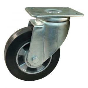 Protempo serie 10-19 zwenk transportwiel plaatbevestiging stalen gaffel wiel aluminium velg zwarte elastische rubberen band ± 68 shore A 160 mm kogellager 210.166.196.000