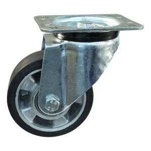 Protempo serie 10-91 zwenk transportwiel plaatbevestiging stalen gaffel wiel aluminium velg zwarte elastische rubberen band ± 68 shore A 160 mm kogellager 210.166.916.000