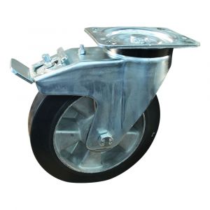 Protempo serie 10-91 zwenk transportwiel plaatbevestiging dubbele rem naloop en stalen gaffel aluminium velg zwarte elastische rubberen band ± 68 shore A 180 mm kogellager 210.186.916.500