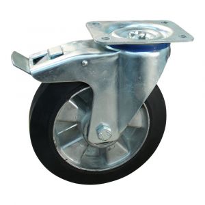 Protempo serie 10-15 zwenk transportwiel plaatbevestiging dubbele rem naloop en stalen gaffel aluminium velg zwarte elastische rubberen band ± 68 shore A 200 mm kogellager 210.206.156.550