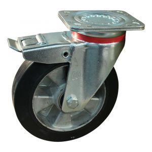 Protempo serie 10-17 zwenk transportwiel plaatbevestiging dubbele rem naloop en stalen gaffel aluminium velg zwarte elastische rubberen band ± 68 shore A 200 mm kogellager 210.206.176.550