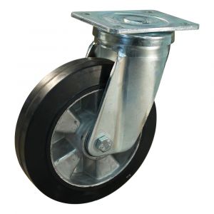 Protempo serie 10-18 zwenk transportwiel plaatbevestiging stalen gaffel wiel aluminium velg zwarte elastische rubberen band ± 68 shore A 200 mm kogellager 210.206.186.000