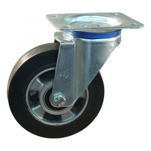 Protempo serie 10-12 zwenk transportwiel plaatbevestiging stalen gaffel wiel aluminium velg zwarte elastische rubberen band ± 68 shore A 250 mm kogellager 210.256.126.000