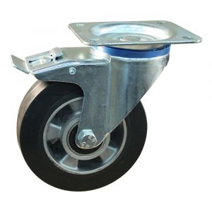 Protempo serie 10-12 zwenk transportwiel plaatbevestiging dubbele rem voorloop en stalen gaffel aluminium velg zwarte elastische rubberen band ± 68 shore A 250 mm kogellager 210.256.126.300