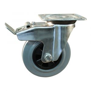 Protempo serie 11-31 zwenk transportwiel plaatbevestiging dubbele rem naloop RVS gaffel PP velg standaard grijze rubberen band 80 mm glijlager 211.081.316.500