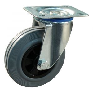 Protempo serie 11-12 zwenk transportwiel plaatbevestiging stalen gaffel PP velg standaard grijze rubberen band 80 mm rollager 211.082.126.000