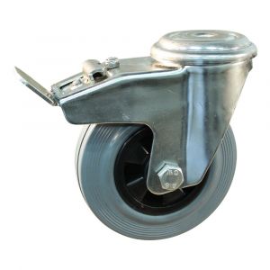 Protempo serie 11-31 zwenk transportwiel boutgat dubbele rem naloop RVS gaffel PP velg standaard grijze rubberen band 80 mm rollager RVS 211.089.310.512