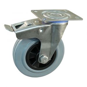 Protempo serie 11-30 zwenk transportwiel plaatbevestiging dubbele rem naloop RVS gaffel PP velg standaard grijze rubberen band 100 mm glijlager 211.101.306.500