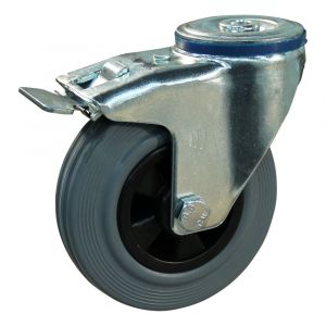 Protempo serie 11-12 zwenk transportwiel boutgat dubbele rem naloop stalen gaffel PP velg standaard grijze rubberen band 125 mm glijlager 211.121.120.500