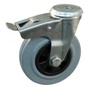 Protempo serie 11-30 zwenk transportwiel boutgat dubbele rem naloop RVS gaffel PP velg standaard grijze rubberen band 125 mm glijlager 211.121.300.512