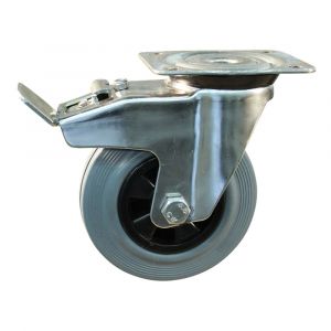 Protempo serie 11-31 zwenk transportwiel plaatbevestiging dubbele rem naloop RVS gaffel PP velg standaard grijze rubberen band 125 mm glijlager 211.121.316.500