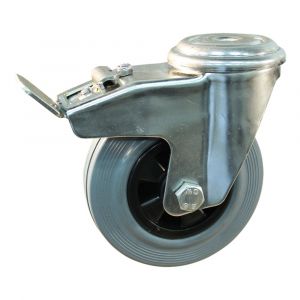 Protempo serie 11-31 zwenk transportwiel boutgat dubbele rem naloop RVS gaffel PP velg standaard grijze rubberen band 125 mm rollager RVS 211.129.310.512