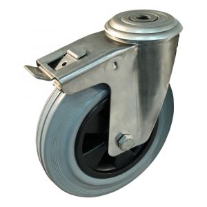 Protempo serie 11-30 zwenk transportwiel boutgat dubbele rem naloop RVS gaffel PP velg standaard grijze rubberen band 200 mm rollager RVS 211.209.300.516