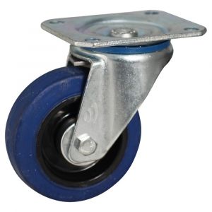 Protempo serie 13-10 zwenk transportwiel plaatbevestiging stalen gaffel zwarte PA velg blauwe elastische rubberen band ± 70 shore A zwenkgaffel 100 mm rollager 213.102.106.000