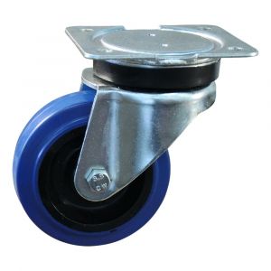 Protempo serie 13-14 zwenk transportwiel plaatbevestiging stalen gaffel zwarte PA velg blauwe elastische rubberen band ± 70 shore A 100 mm rollager 213.102.146.000