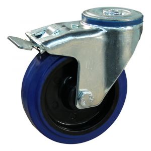 Protempo serie 13-12 zwenk transportwiel boutgat dubbele rem naloop stalen gaffel zwarte PA velg blauwe elastische rubberen band ± 70 shore A 125 mm rollager 213.122.120.500