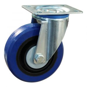 Protempo serie 13-12 zwenk transportwiel plaatbevestiging stalen gaffel zwarte PA velg blauwe elastische rubberen band ± 70 shore A 125 mm kogellager 213.126.126.000