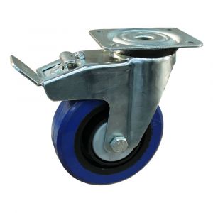 Protempo serie 13-91 zwenk transportwiel plaatbevestiging dubbele rem naloop stalen gaffel zwarte PA velg blauwe elastische rubberen band ± 70 shore A 125 mm kogellager 213.126.916.500