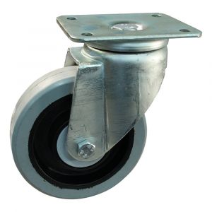 Protempo serie 14-19 zwenk transportwiel plaatbevestiging stalen gaffel zwarte PA velg grijze elastische rubberen band ± 65 shore A 80 mm kogellager 214.086.196.000