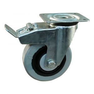 Protempo serie 14-91 zwenk transportwiel plaatbevestiging dubbele rem naloop stalen gaffel zwarte PA velg grijze elastische rubberen band ± 65 shore A 80 mm kogellager 214.086.916.500