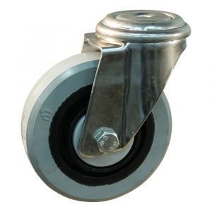 Protempo serie 14-31 zwenk transportwiel boutgat RVS gaffel zwarte PA velg grijze elastische rubberen band ± 65 shore A 100 mm kogellager RVS 214.108.310.000