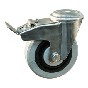 Protempo serie 14-31 zwenk transportwiel boutgat dubbele rem naloop RVS gaffel zwarte PA velg grijze elastische rubberen band ± 65 shore A 100 mm kogellager RVS 214.108.310.500