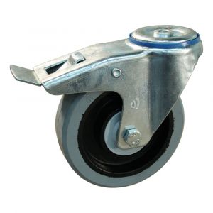 Protempo serie 14-12 zwenk transportwiel boutgat dubbele rem naloop stalen gaffel zwarte PA velg grijze elastische rubberen band ± 65 shore A 125 mm kogellager 214.126.120.500