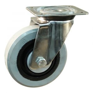 Protempo serie 14-31 zwenk transportwiel plaatbevestiging RVS gaffel zwarte PA velg grijze elastische rubberen band ± 65 shore A 125 mm kogellager 214.126.316.000