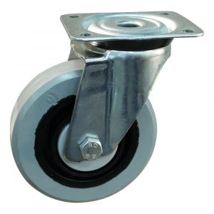 Protempo serie 14-91 zwenk transportwiel plaatbevestiging stalen gaffel wiel zwarte PA velg grijze elastische rubberen band ± 65 shore A 160 mm kogellager 214.166.916.000