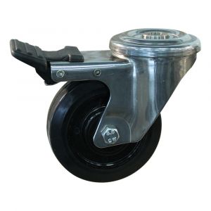 Protempo serie 16-29 zwenk transportwiel boutgat dubbele rem naloop RVS gaffel hittebestendig Ditherm velg zwarte elastische rubberen band geremd 100 mm glijlager 216.101.290.500