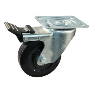 Protempo serie 16-09 zwenk transportwiel plaatbevestiging dubbele rem naloop en stalen gaffel hittebestendig Ditherm velg zwarte elastische rubberen band geremd 100 mm kogellager serie 16 - 09 216.106.096.500