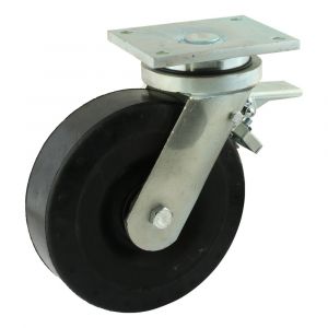 Protempo serie 18-22 zwenk transportwiel plaatbevestiging dubbele rem voorloop stalen velg zwarte elastische rubberen band ± 72 shore A 200 mm kogellager 218.206.226.380