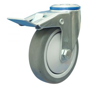 Protempo serie 19-12 zwenk transportwiel boutgat dubbele rem naloop stalen gaffel PP velg grijze TPE band 125 mm kogellager 219.126.120.500