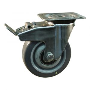 Protempo serie 19-31 zwenk transportwiel plaatbevestiging dubbele rem naloop RVS gaffel PP velg grijze TPE band 160 mm kogellager RVS 219.168.316.546