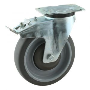 Protempo serie 19-91 zwenk transportwiel plaatbevestiging dubbele rem naloop stalen gaffel PP velg grijze TPE band 200 mm kogellager 219.206.916.550