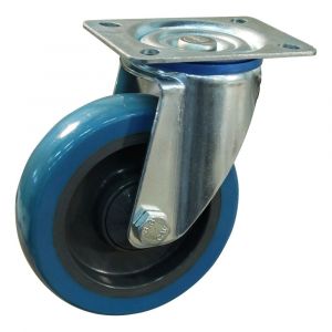 Protempo serie 21-12 zwenk transportwiel plaatbevestiging stalen gaffel grijze PA velg blauwe TPU band 100 mm kogellager 221.106.126.030