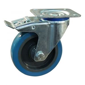 Protempo serie 21-12 zwenk transportwiel plaatbevestiging dubbele rem naloop stalen gaffel grijze PA velg blauwe TPU band 100 mm kogellager 221.106.126.530