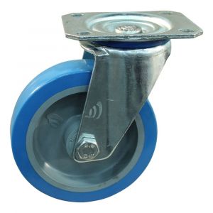 Protempo serie 21-10 zwenk transportwiel plaatbevestiging stalen gaffel grijze PA velg blauwe TPU band 125 mm rollager 221.122.106.008