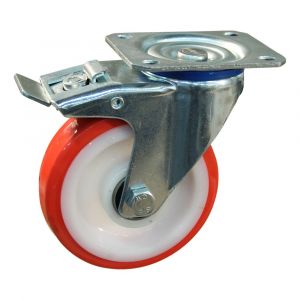 Protempo serie 27-12 zwenk transportwiel plaatbevestiging dubbele rem naloop stalen gaffel witte PA velg rode TPU band ± 97 shore A 80 mm kogellager 227.086.126.500