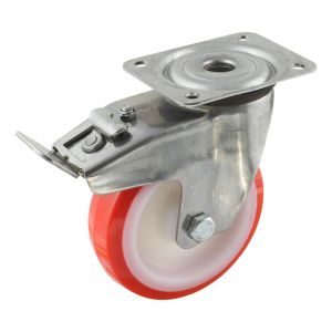 Protempo serie 27-31 zwenk transportwiel plaatbevestiging dubbele rem naloop RVS gaffel witte PA velg rode TPU band ± 97 shore A 125 mm glijlager 227.121.316.500