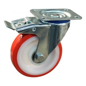 Protempo serie 27-12 zwenk transportwiel plaatbevestiging dubbele rem naloop stalen gaffel witte PA velg rode TPU band ± 97 shore A 150 mm kogellager 227.156.126.500