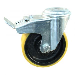 Protempo serie 28-91 zwenk transportwiel boutgat dubbele rem naloop stalen gaffel gietijzeren velg PU band ± 94 shore A 125 mm kogellager 228.126.910.530