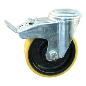 Protempo serie 28-91 zwenk transportwiel boutgat dubbele rem naloop stalen gaffel gietijzeren velg PU band ± 94 shore A 150 mm kogellager 228.156.910.530