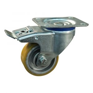 Protempo serie 29-12 zwenk transportwiel plaatbevestiging dubbele rem naloop stalen gaffel aluminium velg PU band ± 94 shore A 80 mm kogellager 229.086.126.530