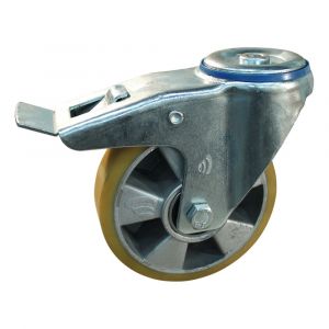 Protempo serie 29-12 zwenk transportwiel boutgat dubbele rem naloop stalen gaffel aluminium velg PU band ± 94 shore A 125 mm kogellager 229.126.120.540