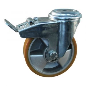 Protempo serie 29-91 zwenk transportwiel boutgat dubbele rem naloop stalen gaffel aluminium velg PU band ± 94 shore A 125 mm kogellager 229.126.910.530