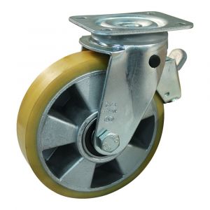 Protempo serie 29-11 zwenk transportwiel plaatbevestiging dubbele rem licht stalen gaffel aluminium velg PU band ± 94 shore A 150 mm kogellager 229.156.116.440