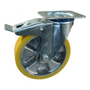 Protempo serie 29-12 zwenk transportwiel plaatbevestiging dubbele rem naloop stalen gaffel aluminium velg PU band ± 94 shore A 200 mm kogellager 229.206.126.550